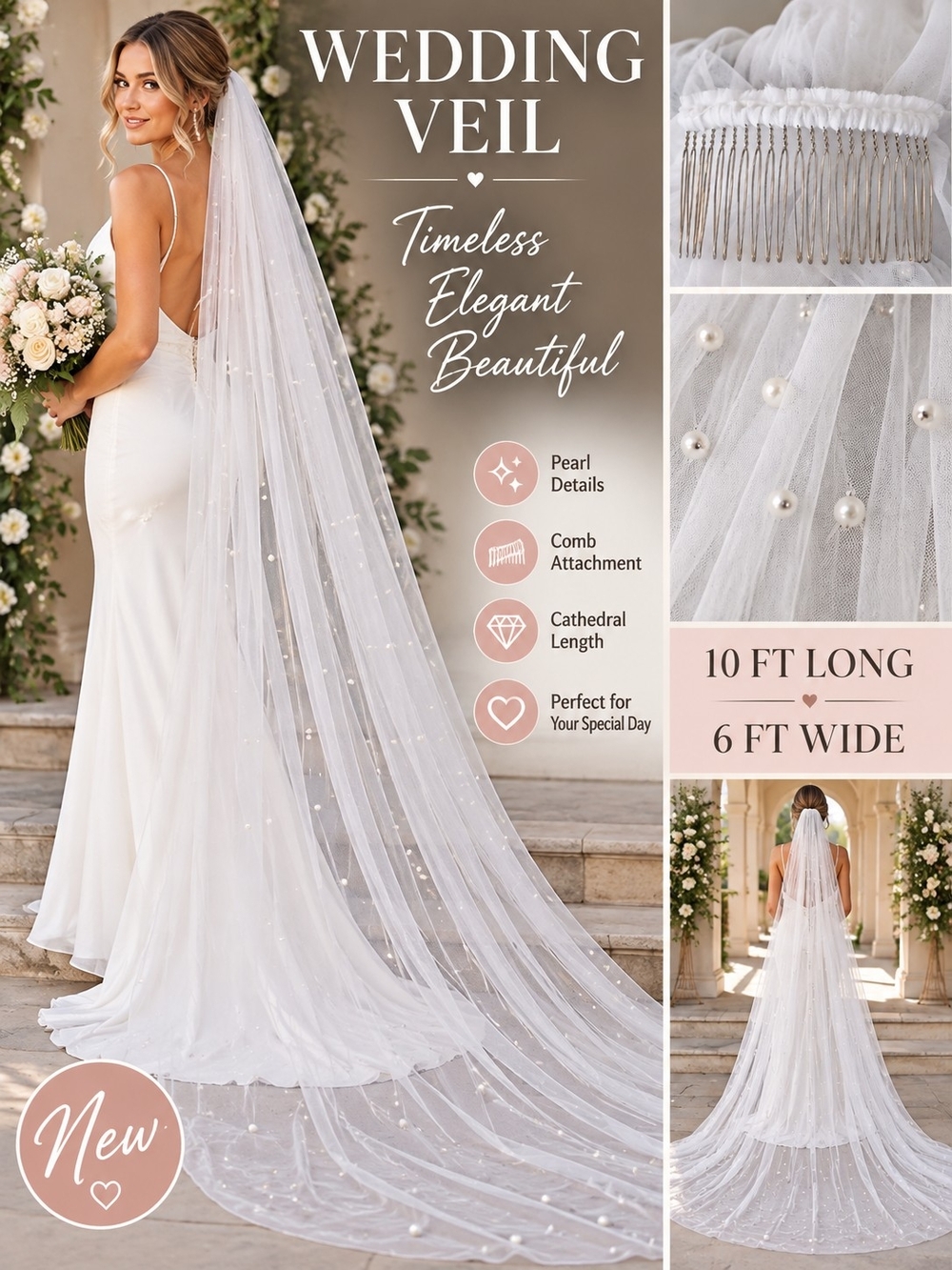 A136. NWT Cathedral Wedding Veil Pearl Embellished Bridal Veil Comb 10L 6FTW